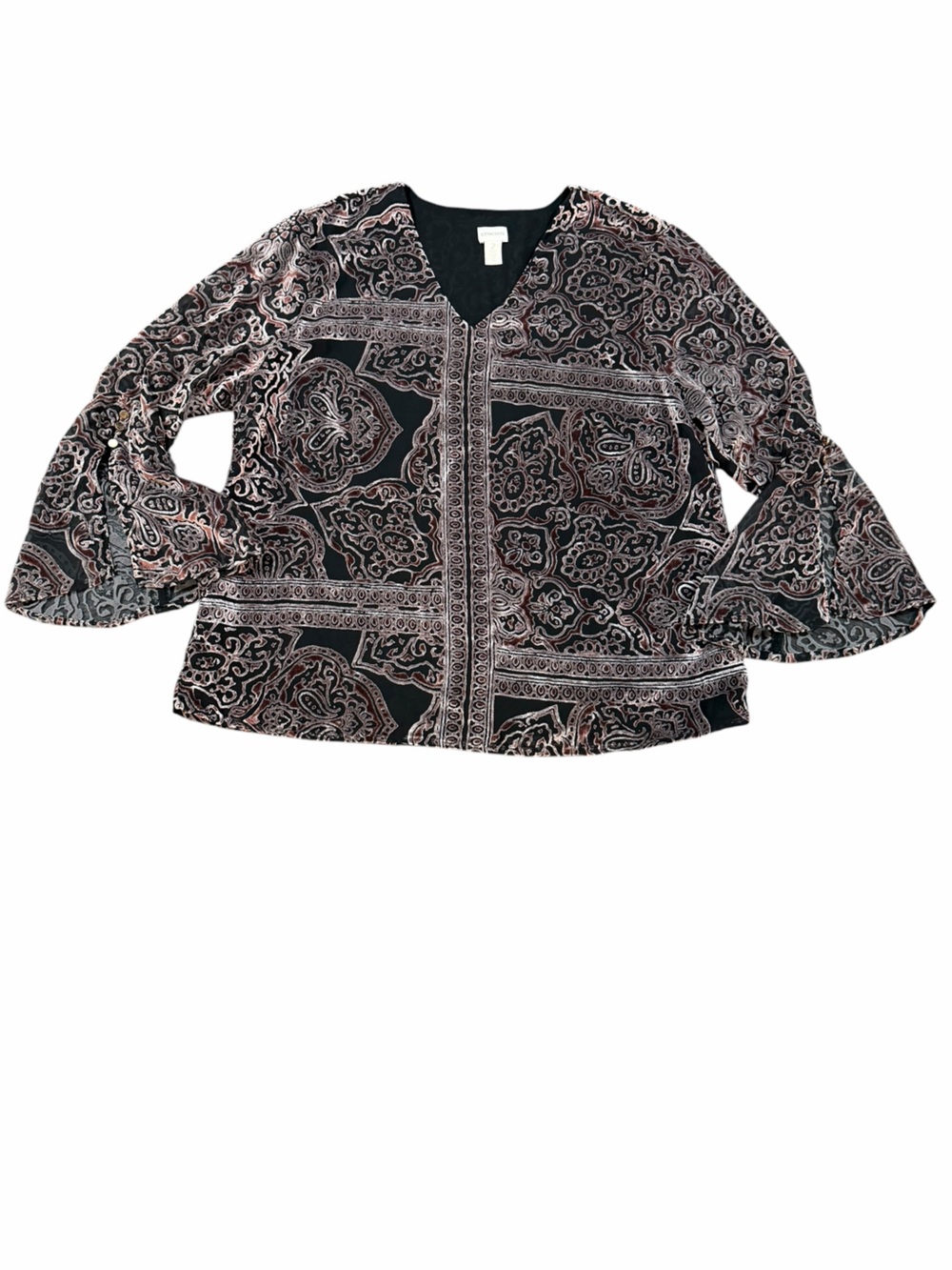 Chico’s Size 2 Black Burnout Velvet Paisley Bell Sleeve Blouse Boho Velvet Top